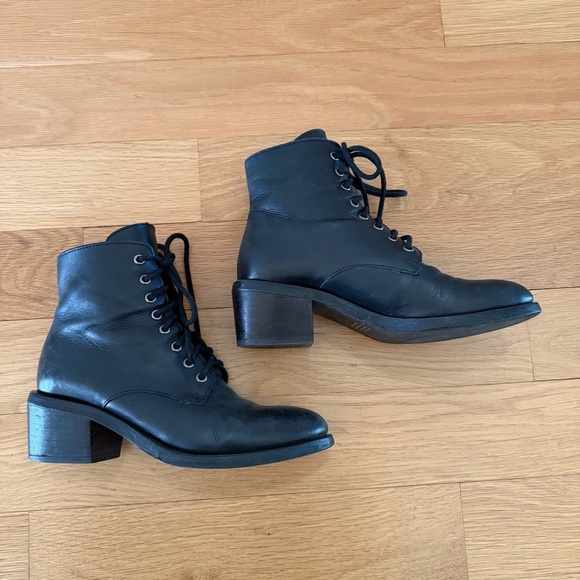 Black Leather Lace Up Ankle Boots - Picture 8 of 12